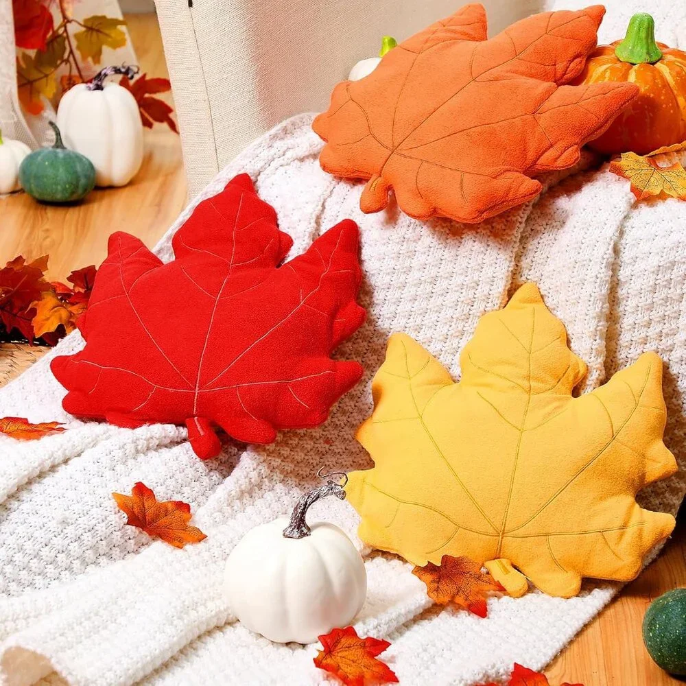 3 Pcs Fall‎ Maple Leaf Pillow - 3D Autumn Throw Cushions for Home, Couch, Car